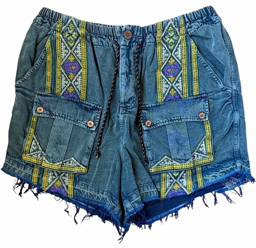 Free People $138 Around The World Embroidered Geometric Harem Cargo Shorts XL